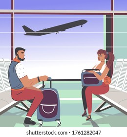 Flat man and woman couple at the airport waiting for a flight. The concept of flight delayed, travel and date symbols. Vector illustration. Flat banner space vector illustration