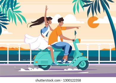 Pareja de hombre y mujer caminando en moto cerca del mar de verano. Concepto de los personajes de viaje y fecha, vehículo.Ilustración vectorial.