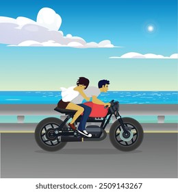 Flat man and woman couple riding on motorbike near summer sea. Concept trip and date characters