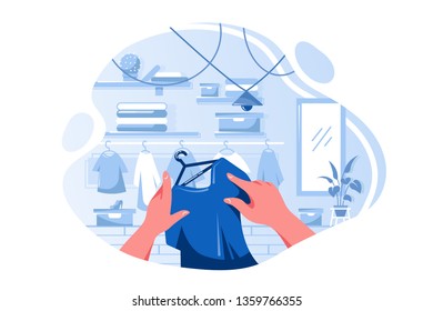 Flat man or woman hand choosing T-shirt in clothing store. Concept isolated shopping, summer prepare. Vector illustration.