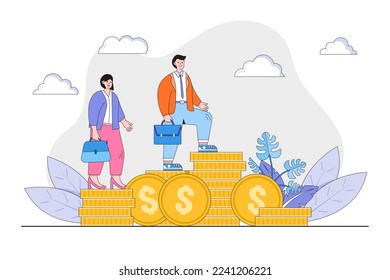 Flat man and woman standing on different stacks of gold coins concept. Outline design style minimal vector illustration for landing page, web banner, infographics, hero images.