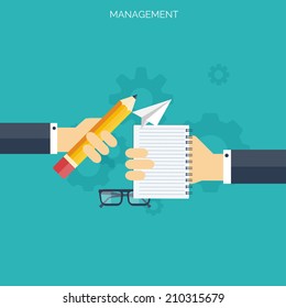 Flat management concept background. Teamwork concept. Global communication and working experience. Business, briefing organization. Money making and analyzing.