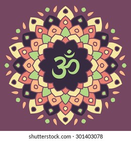Flat mandala with om sign.Vector colorful illustration.Ethnic decorative elements
