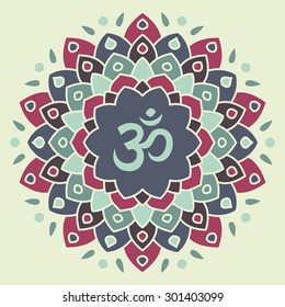 Flat mandala with om sign.Vector colorful illustration.Ethnic decorative elements