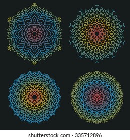 Flat mandala set.Vector colorful illustration.Ethnic decorative elements isolation on black background
