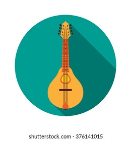 Flat Mandolin with Shadow. Vector Illustration. Musical Instrument Flat Stylized with Long Shadow. Design element for your design.