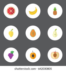 Flat Mango, Ananas, Nectarine And Other Vector Elements. Set Of Fruit Flat Symbols Also Includes Cluster, Duchess, Apricot Objects.