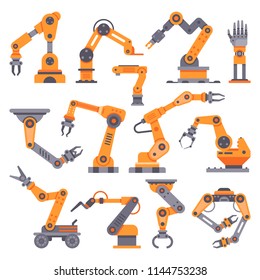 Flat manufacture robotic arm. Automatic robot arms, production machine auto factory conveyor industrial science equipment hand. Electronics manufacturing robots armed hands vector isolated icon set