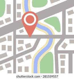 Flat Map Of Abstract City With Tracking Mark. Vector Illustration.