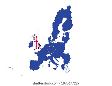 Flache Karte für den Brexit. Die Karten des Vereinigten Königreichs und der Europäischen Union sind mit ihren Flaggen gefüllt. Platz für Text.