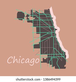 Flat Map Chicago city. Illinois Roads