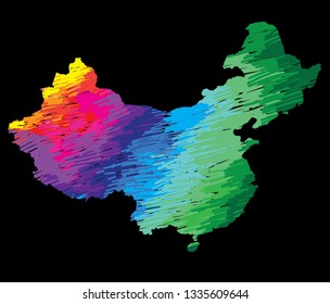 
Flat map of China country. Multicolored drawing markers. Bright colours.