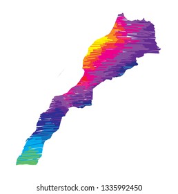 
Flat map of the country of Morocco. Multicolored drawing markers. Bright colours.