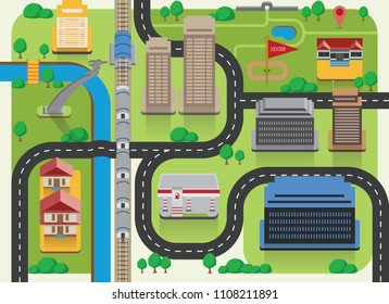 Flat Map Eco City Direction With Building Icons. Navigation With Landmarks of Modern Cityscape Design Illustration Vector.