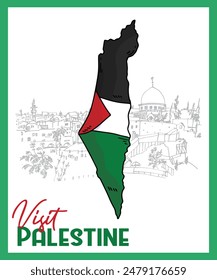 Flat map and the flag of Palestine, old Palestinian houses in the background, and the word “Visit Palestine”