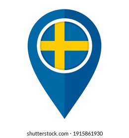 Flachbildmarkierungssymbol mit Schwedenflagge einzeln auf weißem Hintergrund
