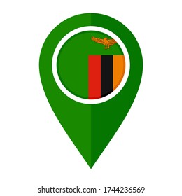 icono del marcador de mapa plano con la bandera de zambia aislada en fondo blanco