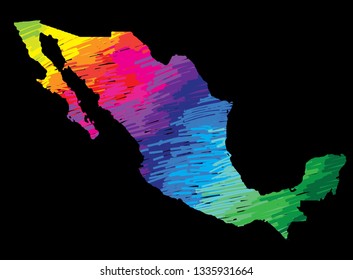 
Flat map of Mexico country. Multicolored drawing markers. Bright colours.