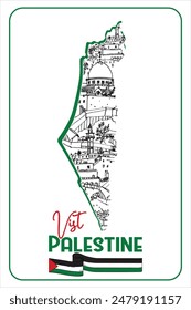 Flat map and old Palestinian houses in the background, and the word “Visit Palestine”, the flag of Palestine