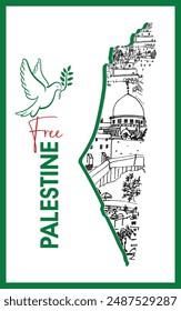 Flat map of Palestine and old houses drawn by hand