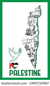 Flat map of Palestine and old houses drawn by hand