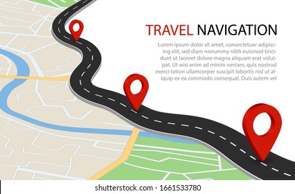 Flat map with road. Gps navigation with point for travel. Simple information background of city with river. Plan of route for transport with orientation point. Scheme map from satellite. Design vector