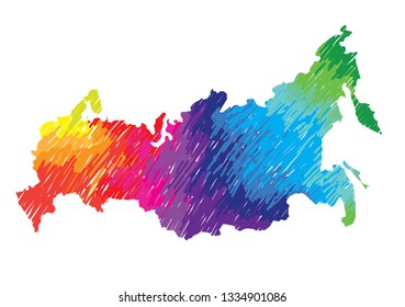 
Flat map of Russia country. Multicolored drawing markers. Bright colours.