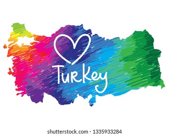
Flat map of Turkey country. Multicolored drawing markers. Bright colours.