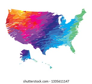 
Flat map of the USA. Multicolored drawing markers. Bright colours.