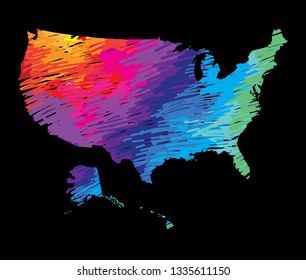 
Flat map of the USA. Multicolored drawing markers. Bright colours.