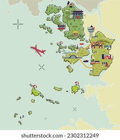 a flat maps design of the Incheon district, an industrial city and port in South Korea