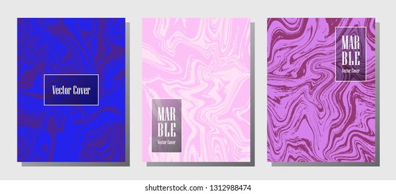 Flat marble prints, vector cover design templates. Fluid marble stone texture iInteriors fashion magazine backgrounds  Corporate journal patterns set of liquid oil waves. Cover pages set.