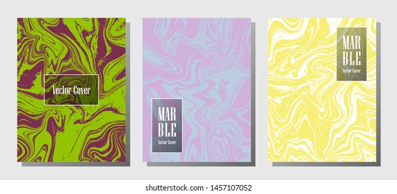 Flat marble prints, vector cover design templates. Fluid marble stone texture iInteriors fashion magazine backgrounds  Corporate journal patterns set of liquid clay waves. Cover pages set.
