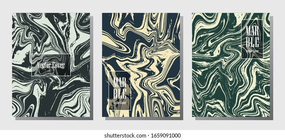 Flat marble prints, vector cover design templates. Fluid marble stone texture iInteriors fashion magazine backgrounds  Corporate journal patterns set of liquid oil waves. Cover pages set.