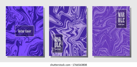 Impresiones de mármol plano, plantillas de diseño de portada vectorial. Textura de piedra de mármol fluido iInteriors fondo de la revista de moda Patrones de revistas corporativos conjunto de ondas de tinta líquida. Fundas de folletos.