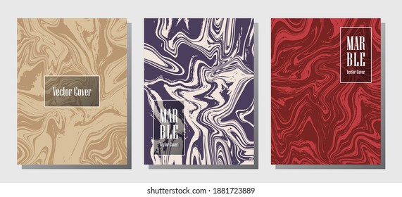 Flat marble prints, vector cover design templates. Fluid marble stone texture iInteriors fashion magazine backgrounds  Corporate journal patterns set of liquid paint waves. Brochure covers set.