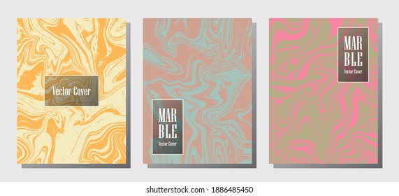 Flat marble prints, vector cover design templates. Fluid marble stone texture iInteriors fashion magazine backgrounds  Corporate journal patterns set of liquid oil waves. Posters set.