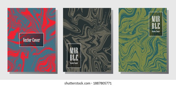 Flat marble prints, vector cover design templates. Fluid marble stone texture iInteriors fashion magazine backgrounds  Corporate journal patterns set of liquid paint waves. Invitation cards set.