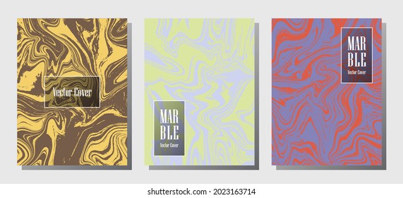 Impresiones de mármol plano, plantillas de diseño de portada vectorial. Textura de piedra de mármol fluido iInteriors fondo de la revista de moda Patrones de revistas corporativos conjunto de ondas de pintura líquida. Juego de afiches.