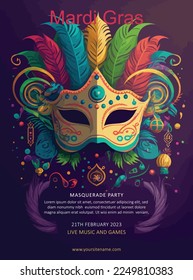 flat Mardi gras carnival illustration, vertical flyer template.