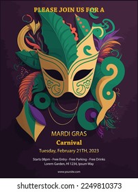 flat Mardi gras carnival, vertical flyer template.