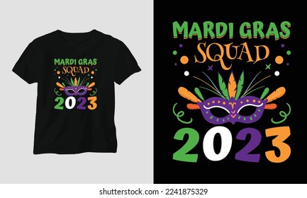 Flat mardi gras T-shirt design with mask, festival theme 