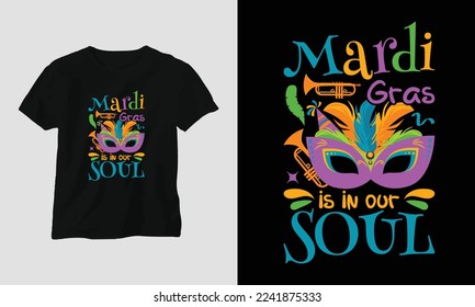 Flat mardi gras T-shirt design with mask, festival theme 
