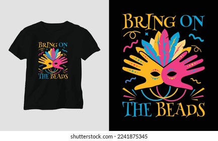 Flat mardi gras T-shirt design with mask, festival theme 