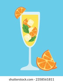 Flat Margarita cocktails. Refreshing drinks : Mojito with orange, lemon, ice cube and mint leaves. Cartoon Vector illustration. The concept of drinks