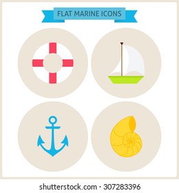 Flat Marine Website Icons Set. Vector Illustration. Flat Circle Icons for web. Summer Holidays and Resort. Summer Vacation. Collection of Tropical Beach Resort Colorful Circle Icons. Sea Concept