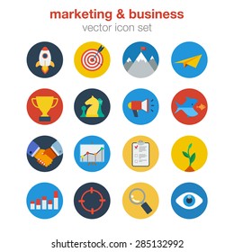 Flat marketing business design icon set. Web click infographics style vector illustration concept. Startup target digital goal mail prize trophy acquisition merger deal report invest search lookup.