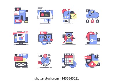 Flat marketing icon set with mobile device, digital service. Concept collection modern symbols for modern technology, internet, ad, web. Pixel perfect. Vector illustration.