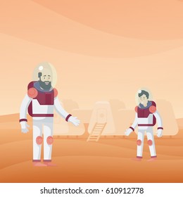 Flat Mars exploration template with astronauts in spacesuits on orange desert landscape vector illustration