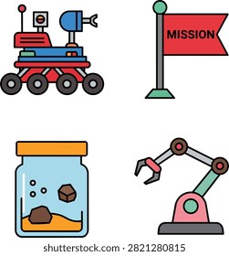 Flat Mars Rover Icons Set for Science Mission and Space Research